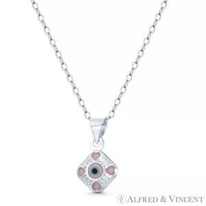 Tiny Evil Eye Charm Glass Bead Pendant in .925 Sterling Silver - Solid Pink
